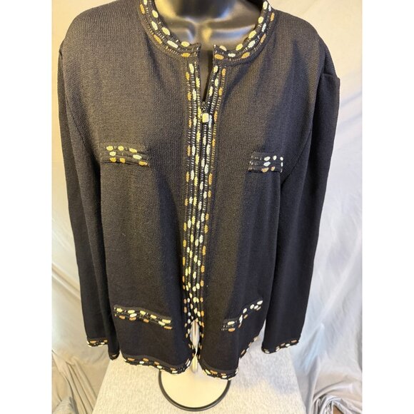 St John Collection Marie Gray Black Santana Zipper Jacket Sweater Womens 16 XL - Picture 1 of 4